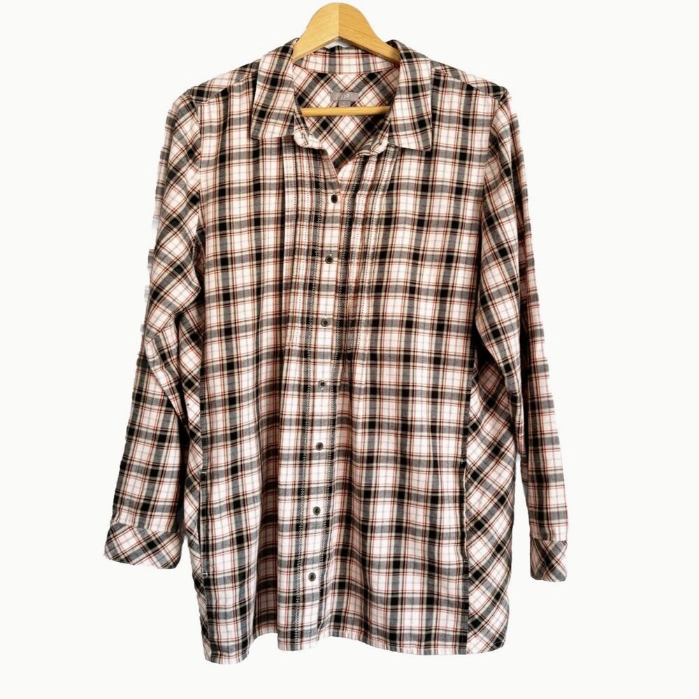 J Jill Beige Plaid Button Top Women’s Large Long Sleeves Country Neutral